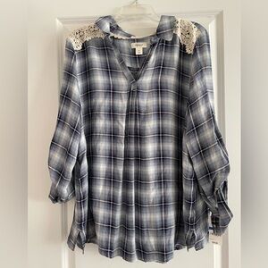 NWT Blue Plaid Crocheted Embellished Stule & Co XL Shirt